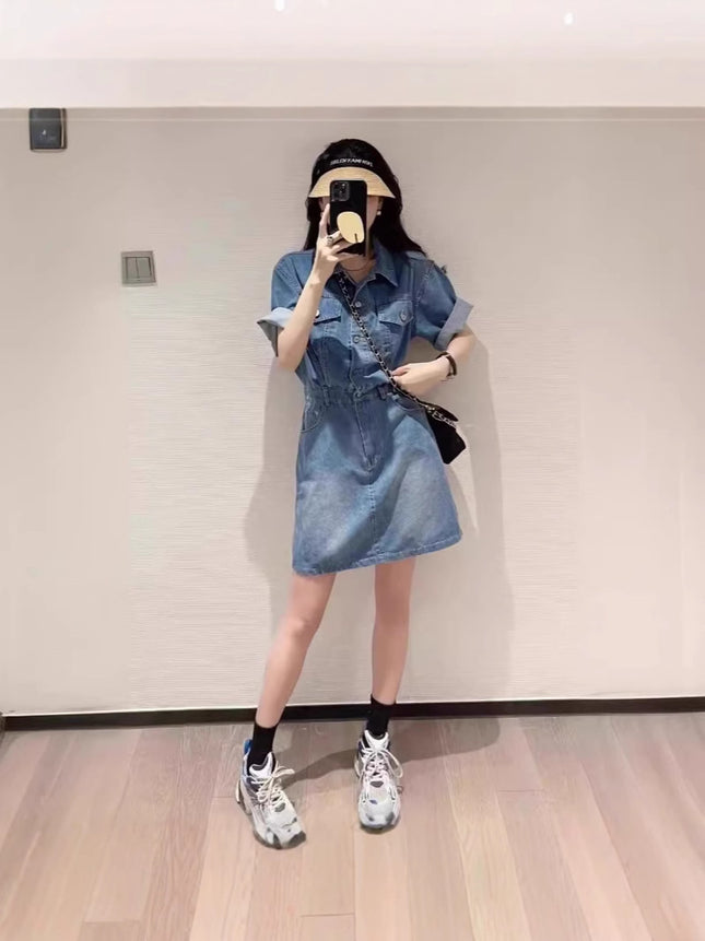 Summer Denim Skirt Women's Retro Hong Kong-style Light Color European-made Short Skirt Age-reducing Thin Korean-style Waisted dress