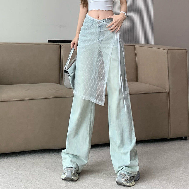 2024 New Lace Lace Mesh Fart Curtain Loose Slimming Straight Jeans Wide Leg Pants