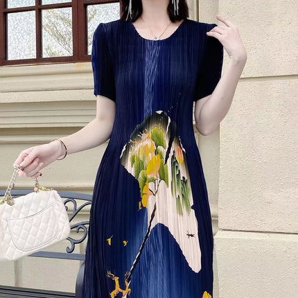 Miyake pleated 2025 summer new temperament round neck printed pleated skirt fashion waist thin magic dress