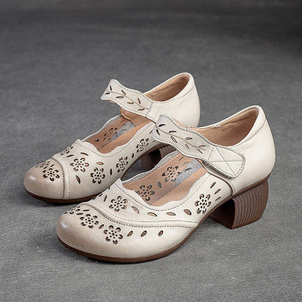 Shanghai Jie suddenly new first layer cowhide round toe brushed Velcro small low heel hole shoes retro style casual women's shoes