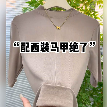 Solid Color Half Turtleneck Elastic Inner Quarter-Sleeved Bottoming Shirt Top for Women Spring New Versatile Slimming Look Elegant T-Shirt