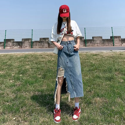 Irregular Raw Edge Denim Skirt for Women in Autum New Pear-shaped Figure High Waist Slimming Look Mid-length A-line Skirt
