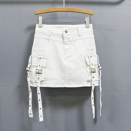 Retro Black and Gray Spicy Girl Style Ribbon Sweet Cool Denim Short Skirt for Women, Spring and Summer High-Waisted Workwear Ins Elastic Bodycon Skirt