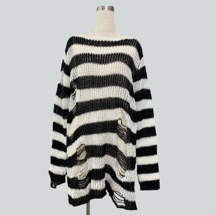 Niche dark classic mohair new thin striped ripped loose long European and American Foreign trade sweater