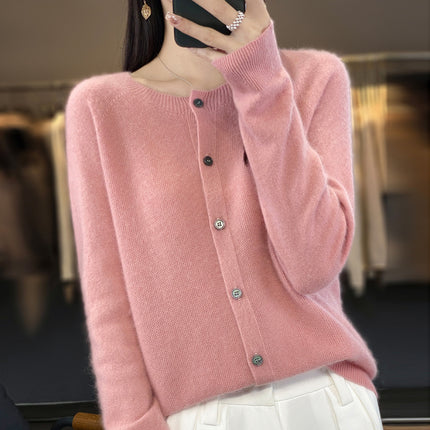 Round neck first-line clothing pure wool sweater cardigan coat women's osmanthus needle knitted bottoming shirt long sleeve solid color top