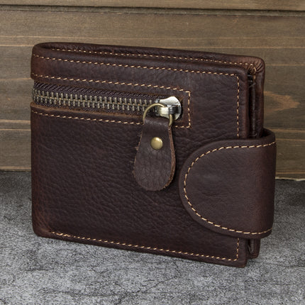 Men's Wallet Cross Short Genuine Leather Men's Tower Buckle Triple Fold Wallet Vintage Top Layer Cowhide Card Holder Multi-Card Holder Wallet