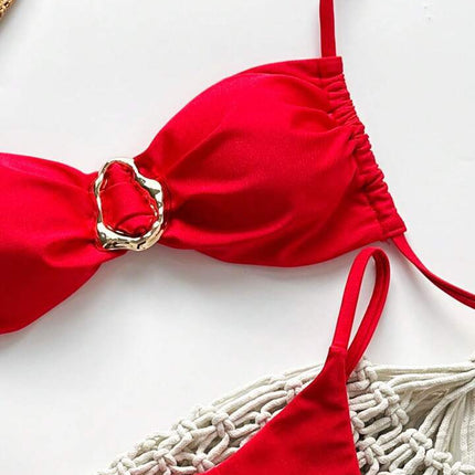 2025 Cross-Border European and American Swimsuit Split Pure Color Glossy Double Fabric Sexy Bikini Bikini Export