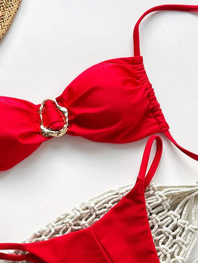 2025 Cross-Border European and American Swimsuit Split Pure Color Glossy Double Fabric Sexy Bikini Bikini Export