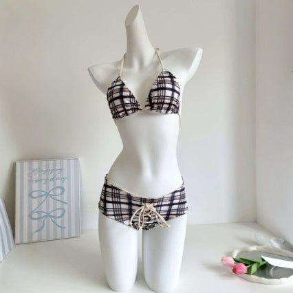 2024 Jenny Star Lace Retro Plaid Bikini Neck Tie-up Low Waist Drawstring Hot Spring Swimsuit for Women