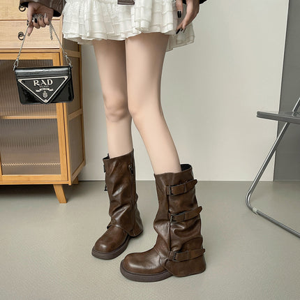 Genuine Leather Version ~ Retro Pleated Thick-Soled Short Boots for Women 2025 Autumn New Belt Buckle Boots Western Boots