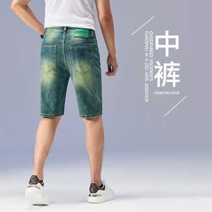 2025 Thin Tencel Five-point Jeans Men's Shorts Light Luxury High-end Water Ghost Green Elastic Middle Pants Casual