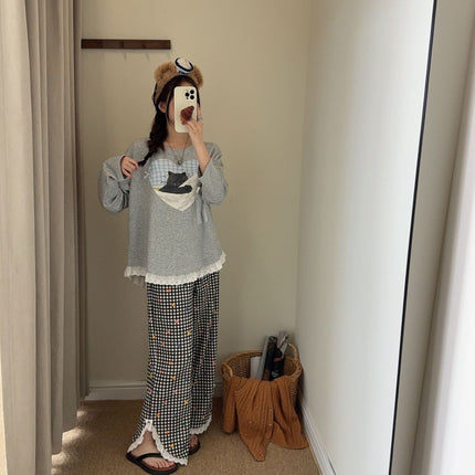 Autumn and Winter Long-Sleeved Trousers Casual Pajamas Nap Kitten Fashion Lace Can Be Worn Outside Home Clothes Set