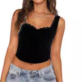 Suspender Lace Square Collar Button Vest for Women European and American Niche Design Casual Versatile Solid Color Top