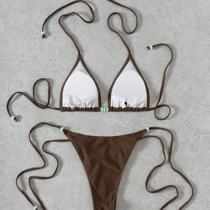 2026 New Cross-Border Amazon Bikini Solid Color Beaded Strap Sexy Two-Piece Bikini Swimsuit for Women
