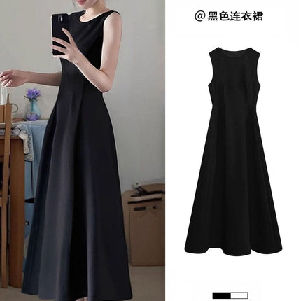 Little Black Skirt Black Sleeveless Dress Women's Summer French Hepburn Style High-End A-Line Pinch Waist Long Skirt