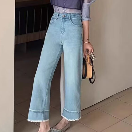 Lace-Trimmed Cropped Straight-Leg Pants Spring New Women's Plus-Size Pear-Shaped Figure Slimming High-Waisted Jeans