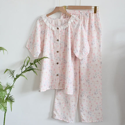 Summer Cotton Short-sleeved Shorts Double-layer Yarn Crewneck Lic Collar Women's Pajamas Home Wear Soft and Sweet Outer Wear