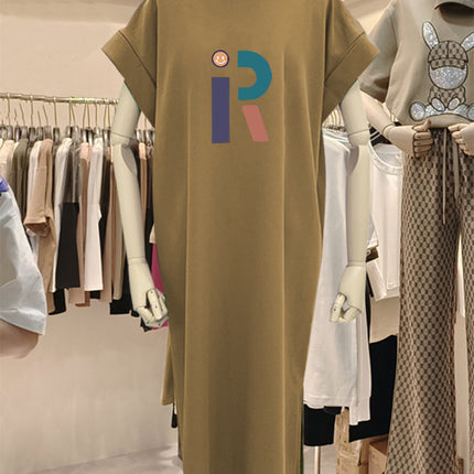 plus size Short-sleeved Cotton Mid-length Dress Women's 2025 Summer New All-match Loose Long Dress Flying Sleeve Split dress