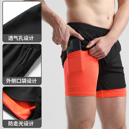 Men's Quick-drying Sports Shorts Fake Two-piece Fitness Triple Pants Marathon Running Pants Invisible Pocket for Mobile Phone