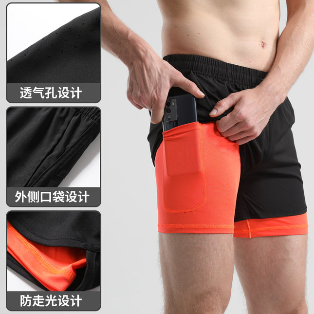 Men's Quick-drying Sports Shorts Fake Two-piece Fitness Triple Pants Marathon Running Pants Invisible Pocket for Mobile Phone