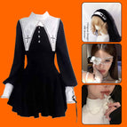 [four-piece set] nun dress + nun headscarf + lace embroidered eye mask + cross necklace / XS