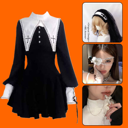 Evil Nun! Halloween Cos Costume Contrast Style Blackened Gothic Dark Style Horror Dress for Adult Women