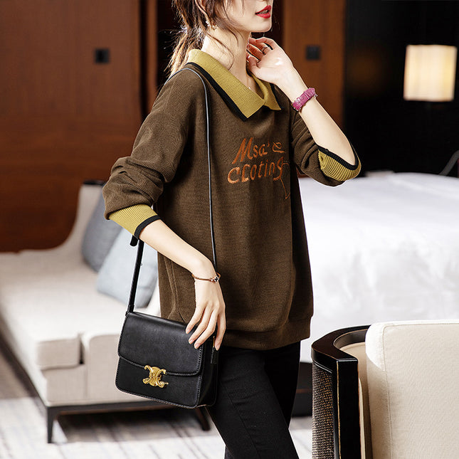 Fat Girl sweater women's clothing 2023 Spring New plus size fashion brushed embroidered lapel loose slimming top