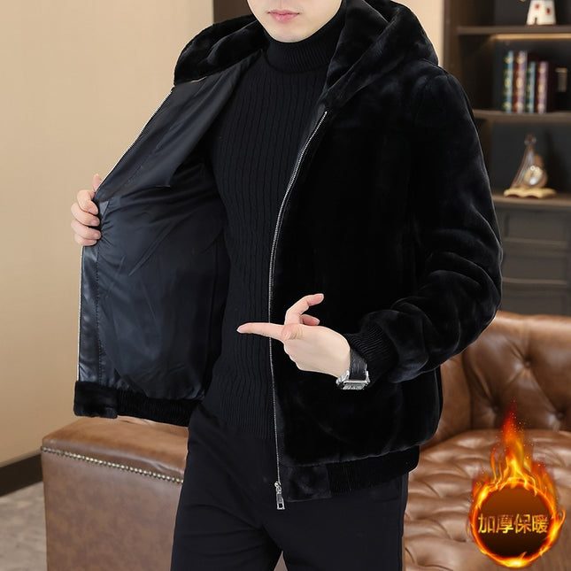 Autumn and Winter New Mink Velvet Jacket Men's Hooded Thickened Warm Cold-proof Zipper Jacket Solid Color Fur Hood