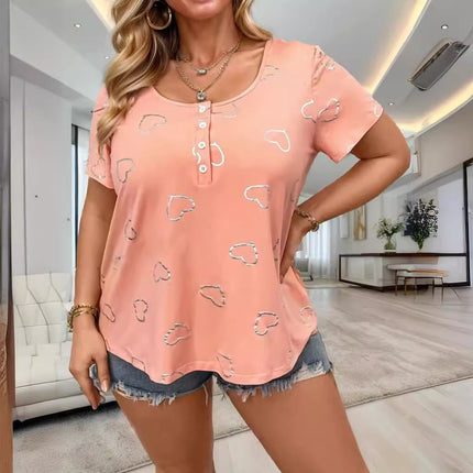 Europe and the United States cross-border 2025TEMUwish foreign trade women's round neck button love printing women's short sleeve loose T-shirt