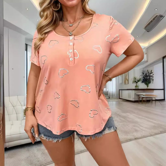 Europe and the United States cross-border 2025TEMUwish foreign trade women's round neck button love printing women's short sleeve loose T-shirt