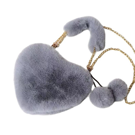 Autumn and Winter Portable Heart Plush Bag, Fashionable Chain Crossbody Plush Bag, Peach Heart Bag, Popular Fur Trendy Style for Women
