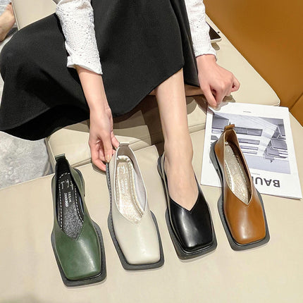 2024 Summer Daily Round Toe Spot Green Sgs Cowhide Thick Heel Pure Color Low-Top Viscose Shoes Leather Shoes