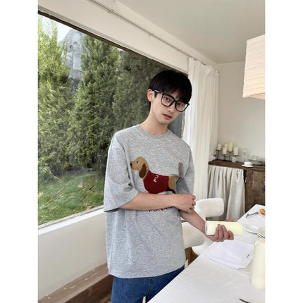 Air Layer Skin-Friendly Dachshund Towel Embroidered Short-Sleeved T-Shirt for Men and Women Summer Heavy Cotton Couple Half-Sleeved T-Shirt