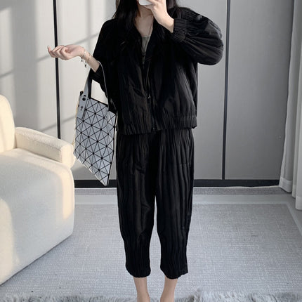 Winter cotton-padded clothes cotton-padded jacket suit women's fashion upscale women's clothing Miyake high-end clothes casual wind wear a complete set