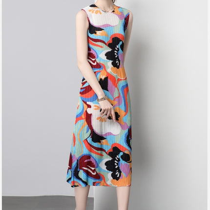 In Stock Miyake Dress Printed Elegant Elegant High-End Loose Slimming Look Elegant Round Neck Sleeveless Pleated Skirt