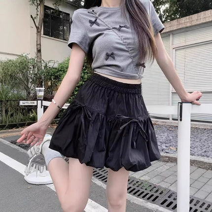 Pleated Bow Flower Bud Skirt Women's Summer Gray Niche Waist Slimming Lantern Anti-Exposure Skirt