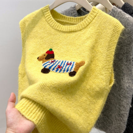 Cartoon Dachshund Dog Embroidered Knitted Vest for Women 2026 Spring New Style Layered Fashionable Soft Sleeveless Sweater