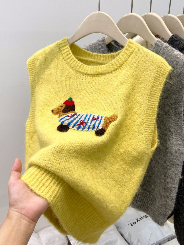 Cartoon Dachshund Dog Embroidered Knitted Vest for Women 2026 Spring New Style Layered Fashionable Soft Sleeveless Sweater
