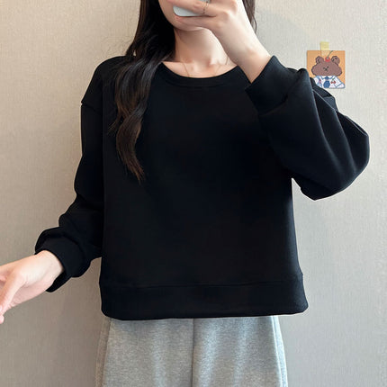 Autumn and Winter New Korean Style Loose Versatile Niche Trendy Round Neck Long-Sleeved Velvet Jacket Fleece-Lined Thickeneded Short Sweatshirt for Women