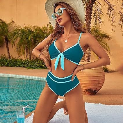 2025 New Bikini Color Split High Waist Split Swimsuit Sexy European and American Gather Swimsuit Cross-border Bikini Women