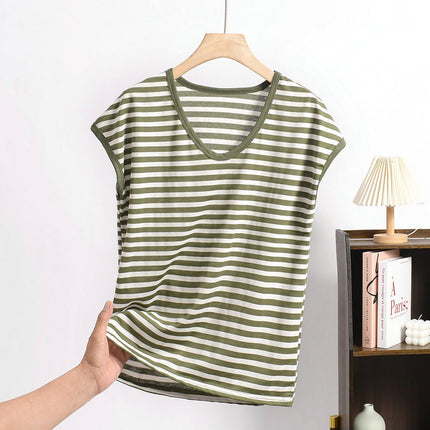 Cross-border Loose plus size Modal Sleeveless Round Neck Striped T-shirt Summer Thin Loose Slimming Casual Base Shirt