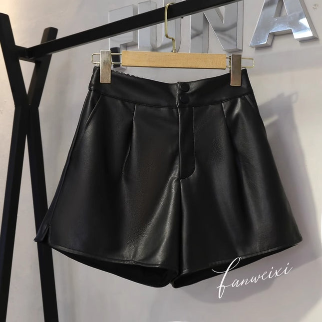Early Autumn PU Leather Pants Spice Girls Solid Color Casual Short Skirt Outer Wear New High Waist Slimming Wide Leg Pants Instagram All-Match Trendy