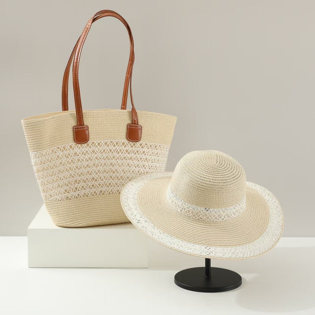Ready Supply of Large-Capacity Straw Bag Set, Large-Brimmed Sunshade Straw Hat, Single-Striped One-Shoulder Woven Beach Bag for Women, Trendy