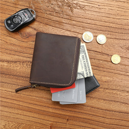 Retro Men's Crazy Horse First Layer Cowhide Short Zipper Wallet Genuine Leather Ultra-Thin Horizontal Wallet Student Casual Wallet