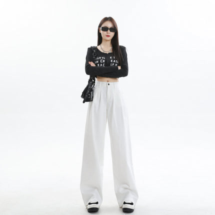 New Chinese Style Loose Jeans for Women in Autumn, New Hot Girl Pleated Design, Opaque White Drapey Floor-Length Wide-Leg Pants