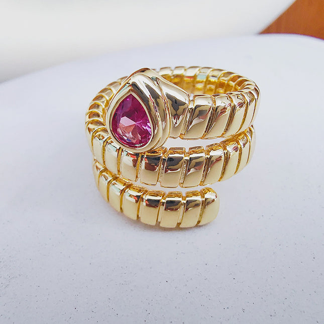 European and American Accessible Luxury Autumn and Winter New Retro Snake Bone Ring Zircon Inlaid Copper Plated 18K Real Gold Ring Trendy