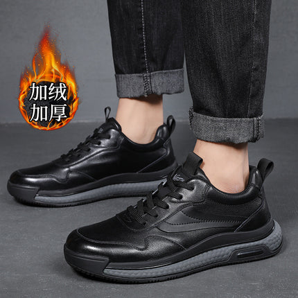 Genuine Leather Sneakers for Men, Autumn and Winter, Fleece-Lined, Warm, Casual Travel Shoes, Men's Popcorn Thick-Soled Dad Shoes 2638