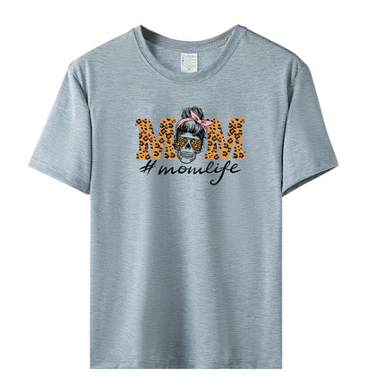 Amazon momlife Skull Leopard Print Sunglasses Mother's Day Gift Letter Print Casual Short Sleeve T-Shirt Women
