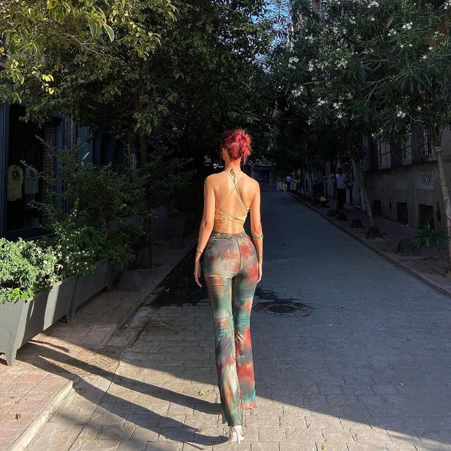 H059PT European and American Spice Girls 2024 Summer New Fashion Tie-dye Printed Slim-fit High Waist Scrooge Pants Women's Casual Pants