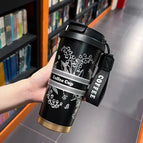 500ml / National style thermos cup-[black and silver] [free carrying rope + straw]